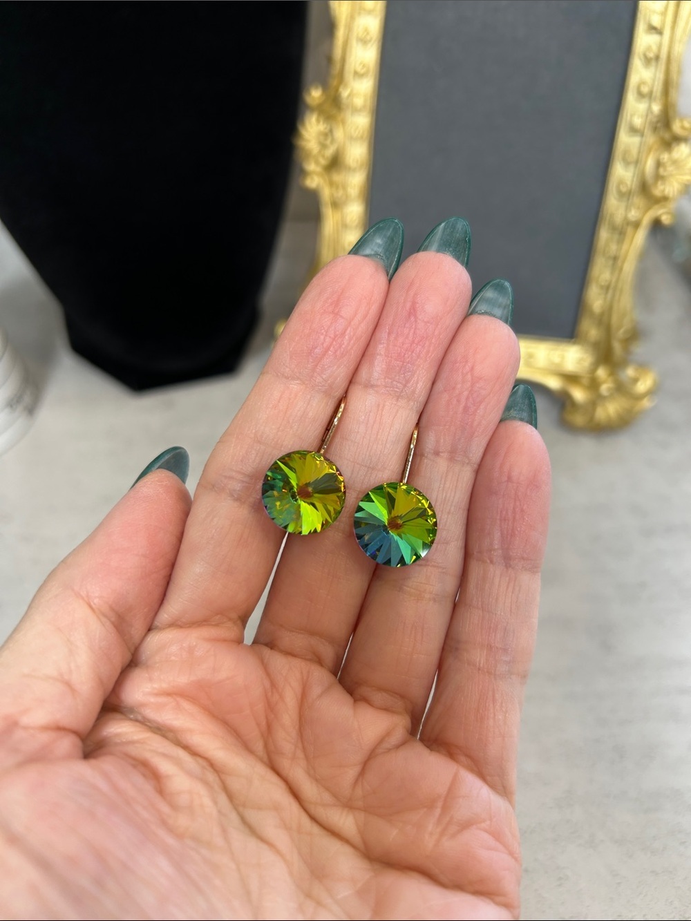 Gold Hoop Earrings w Iridescent Green/Watermelon Crystal Rivoli Drop